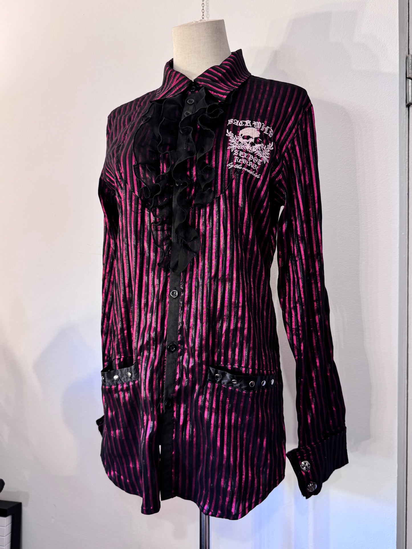 Sexpot Revenge Skull Print Stripe Button-Up