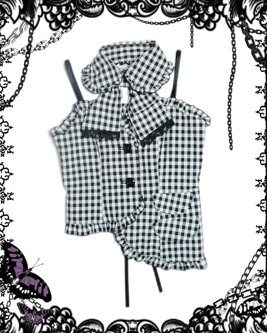 Peace Now Bow Collar Sleeveless Plaid Top
