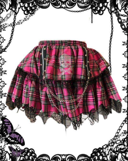 ACDC RAG Skull Print Plaid Mesh Skirt