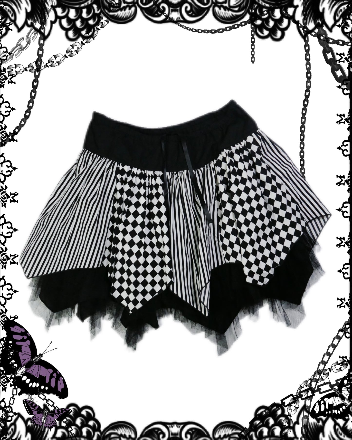 Algonquins Checkboard Stripe Mesh Multi-Layer Skirt