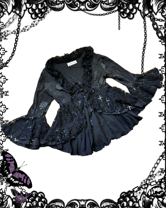 h.Naoto Blood Rose Print Ruffle Blouse