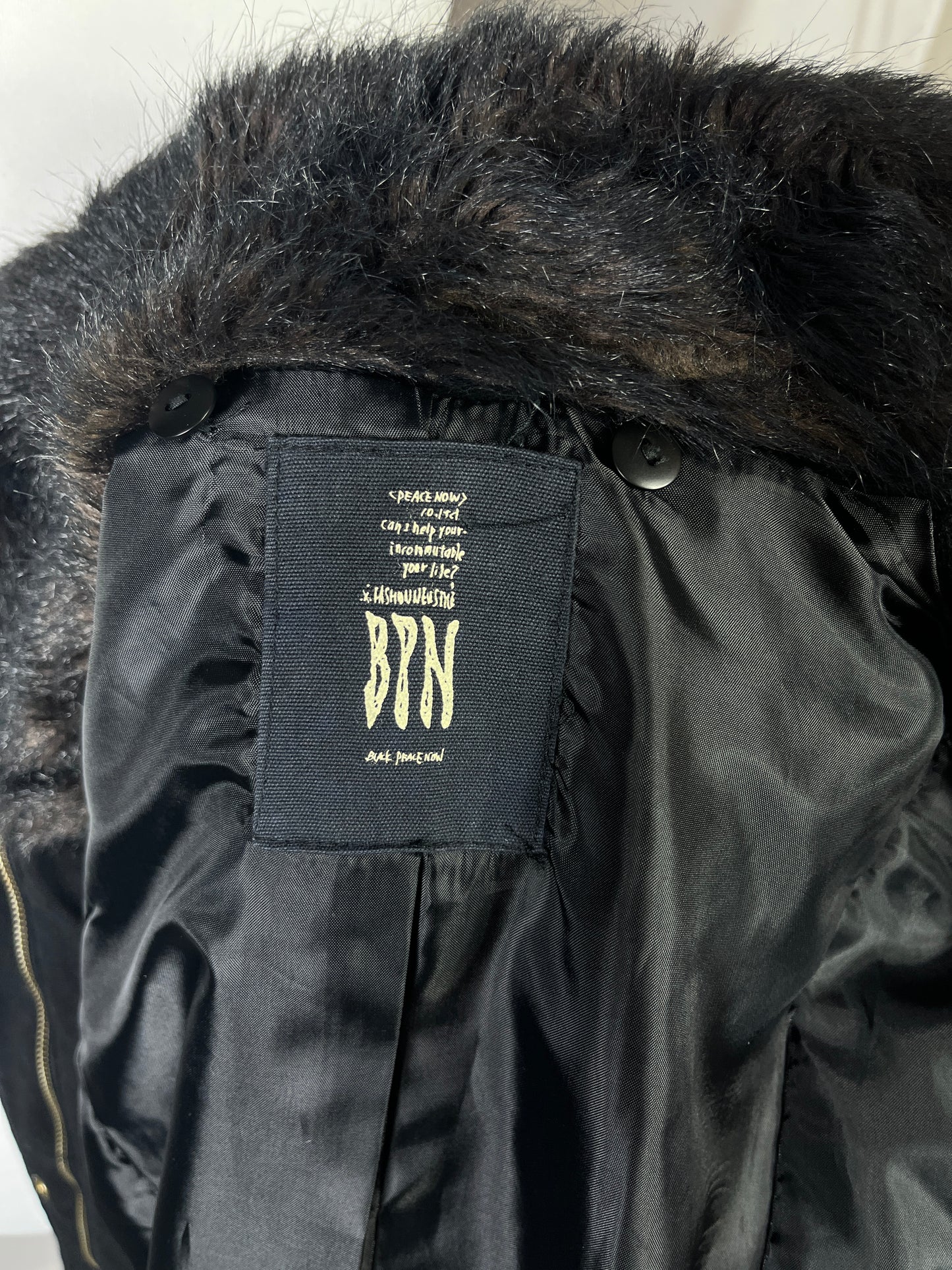 Black Peace Now Fur Collar Buckle Dress Coat