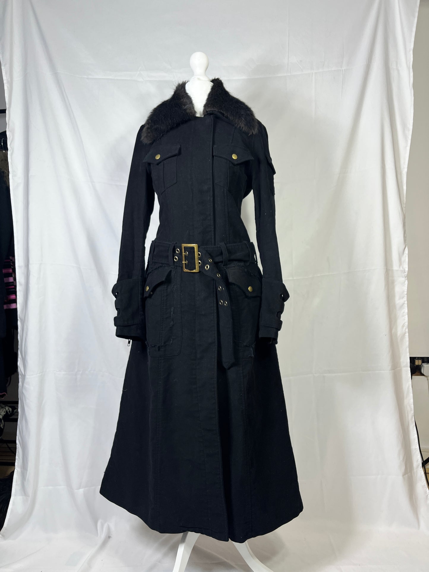 Black Peace Now Fur Collar Buckle Dress Coat