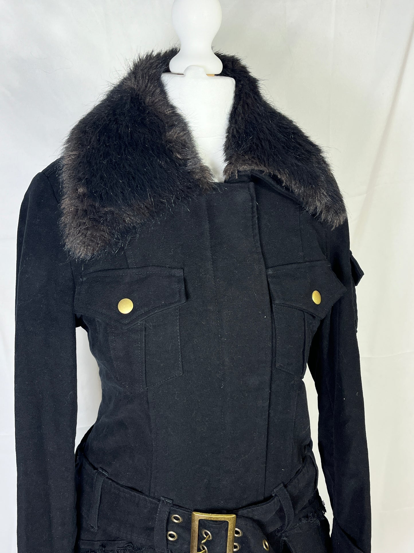 Black Peace Now Fur Collar Buckle Dress Coat