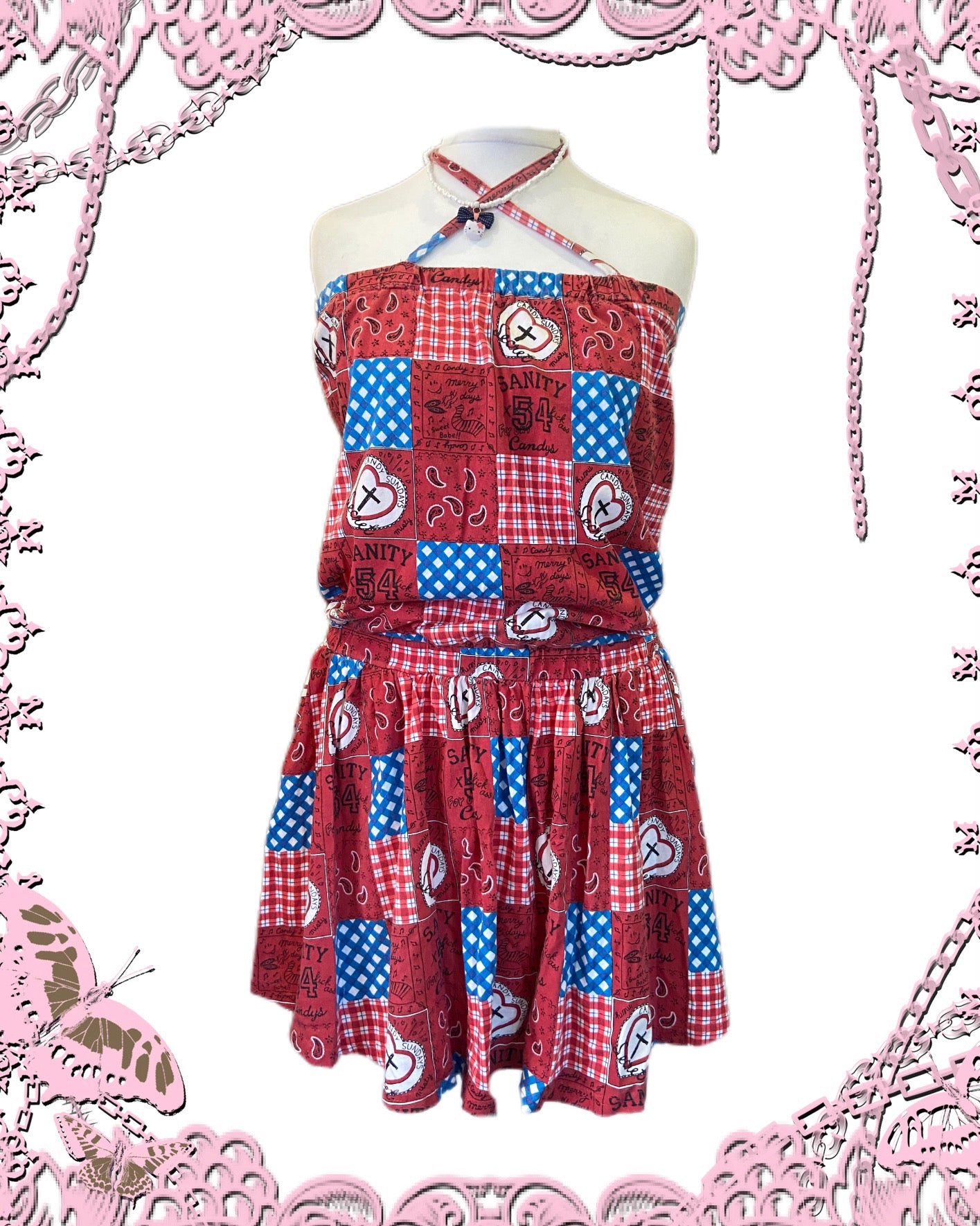Red Tile Print Halter Top Dress