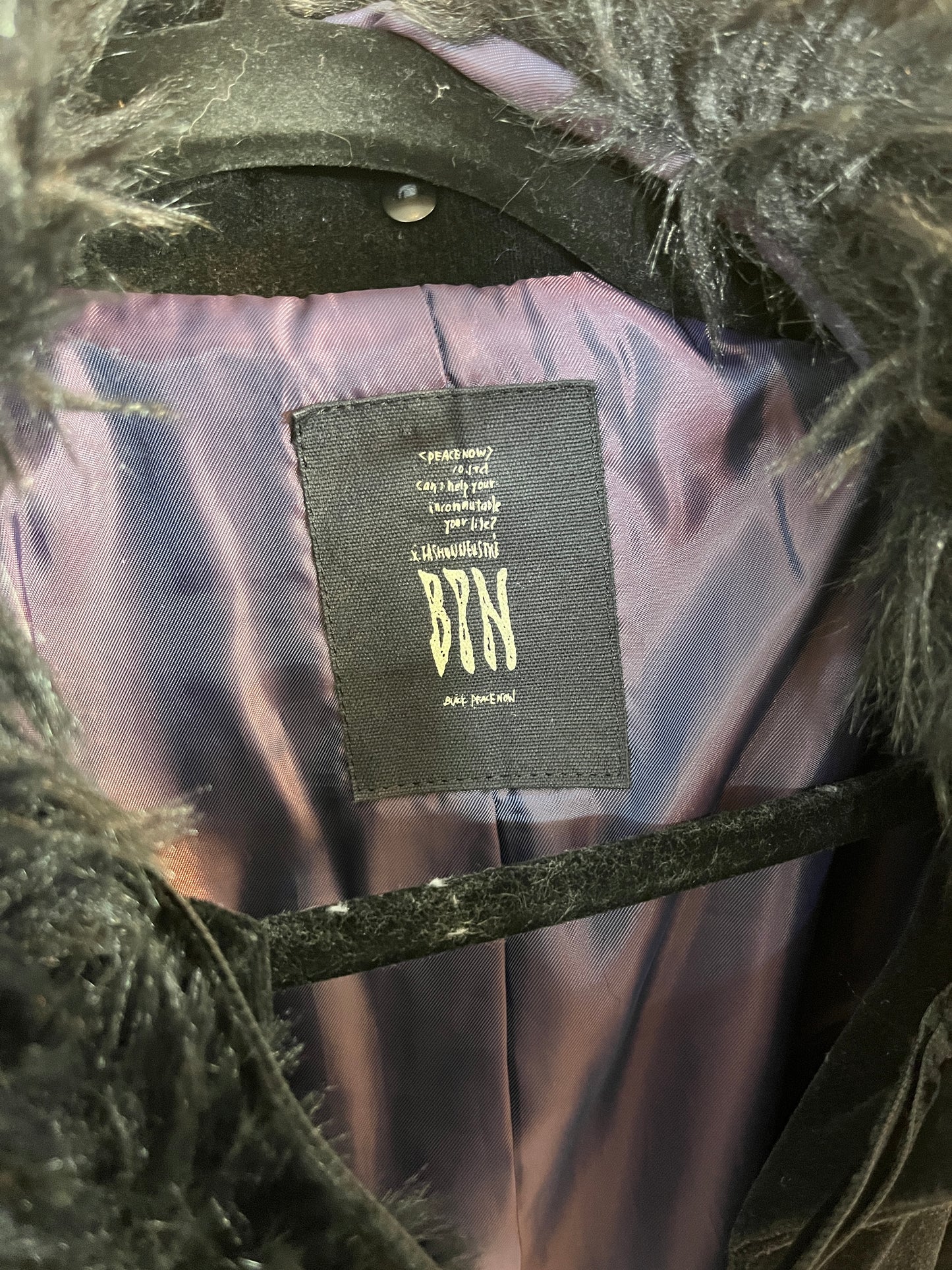 Black Peace Now Fur Collar Velvet Dress Coat