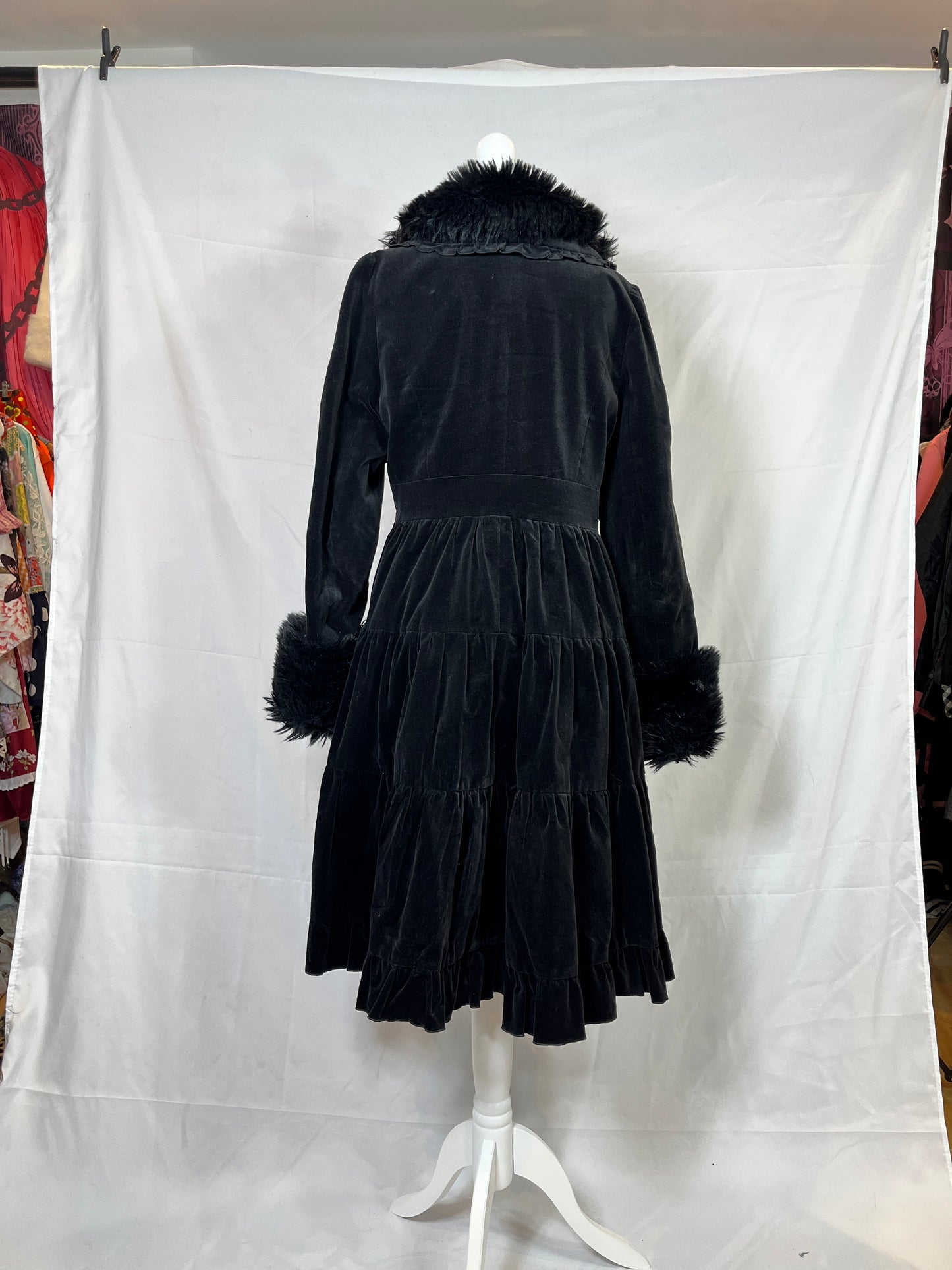 Black Peace Now Fur Collar Velvet Dress Coat