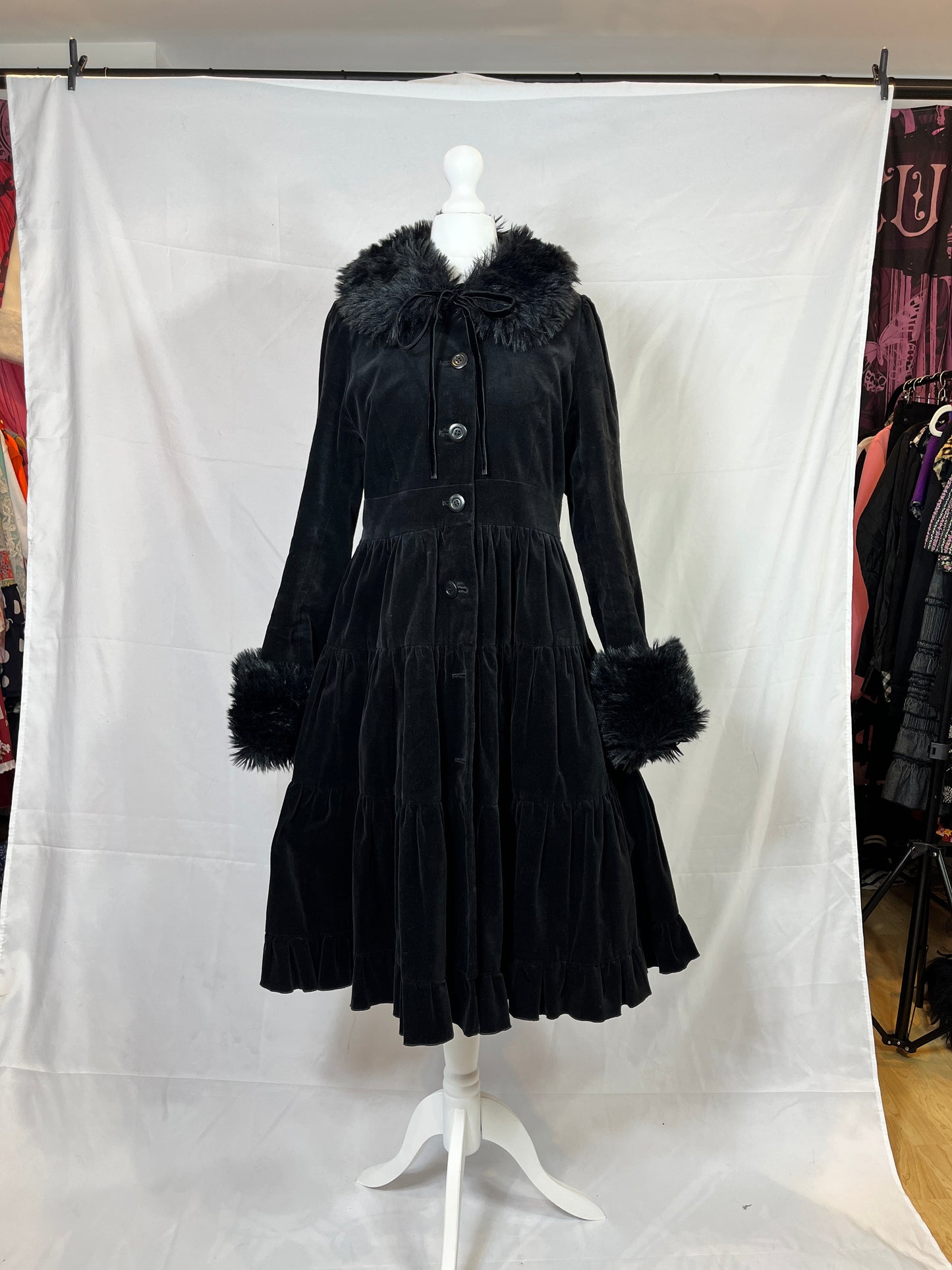 Black Peace Now Fur Collar Velvet Dress Coat