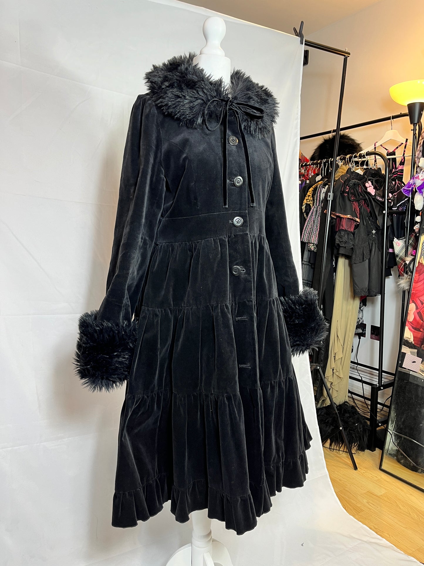 Black Peace Now Fur Collar Velvet Dress Coat