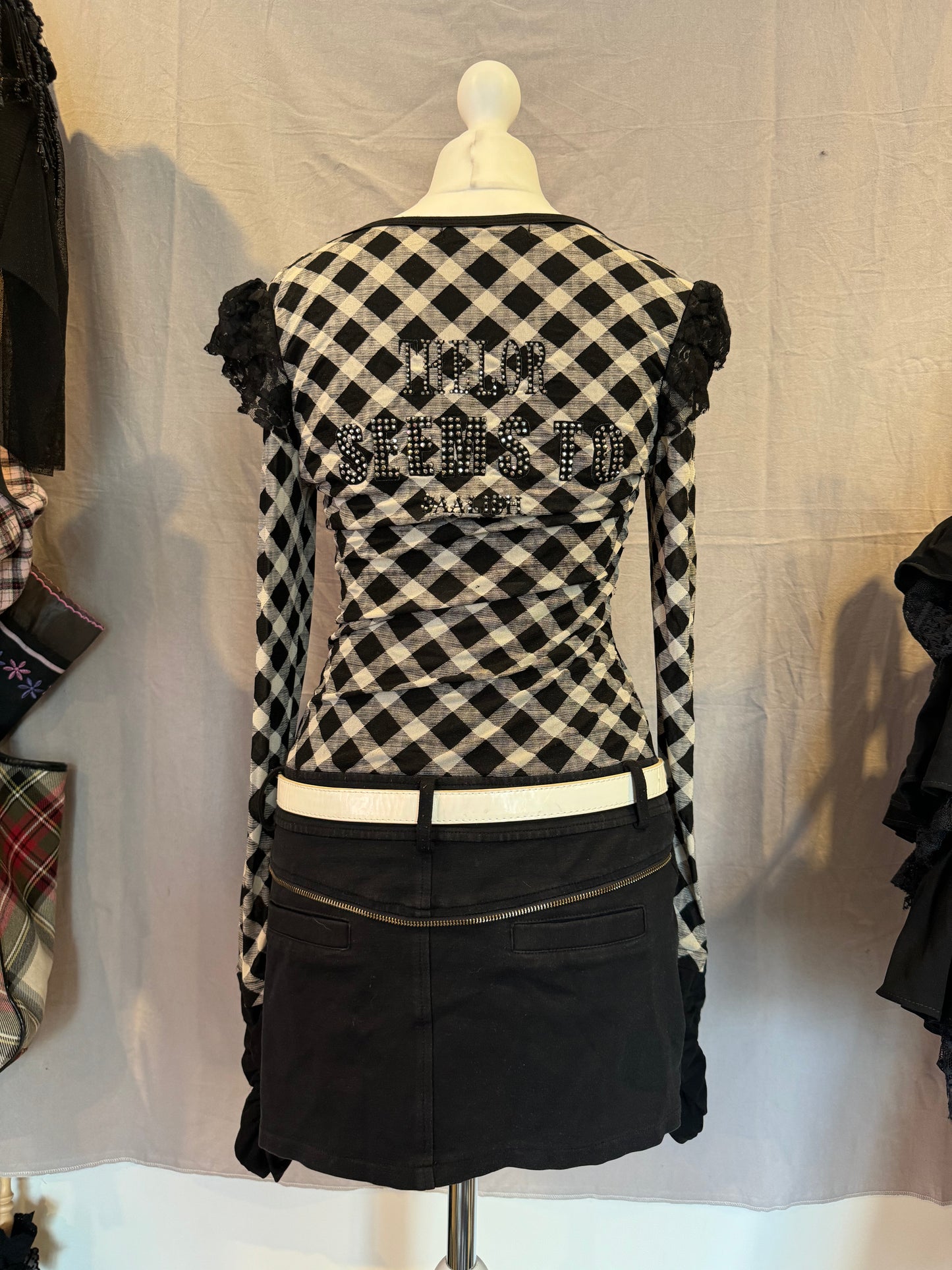 Rhinestone Puppy Print Plaid Long-Sleeves Dress with Belt