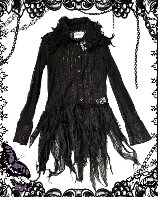 h.Naoto Frill Mesh Button Up
