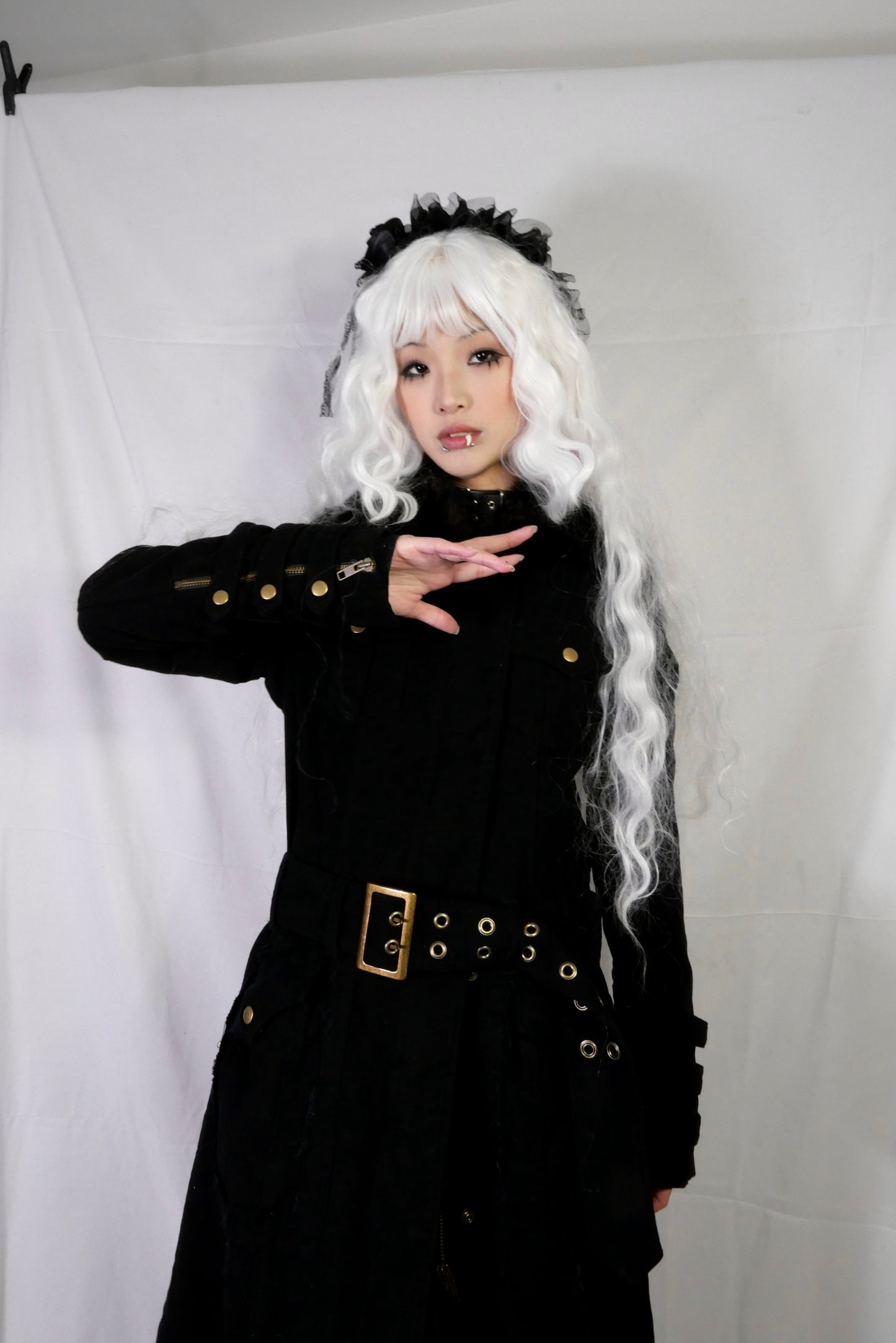 Black Peace Now Fur Collar Buckle Dress Coat