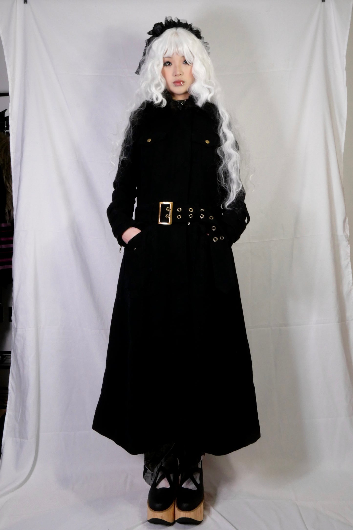 Black Peace Now Fur Collar Buckle Dress Coat