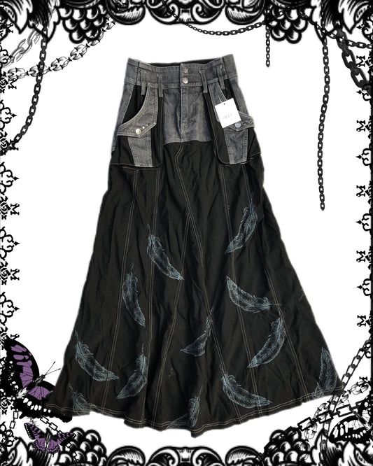 OZZ ON Feather Print Denim Maxi Skirt