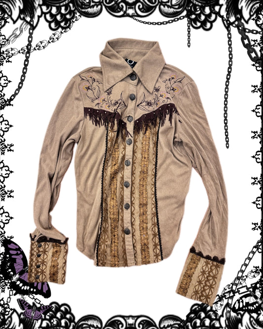 OZZ ON Floral Print Suede Button-Up