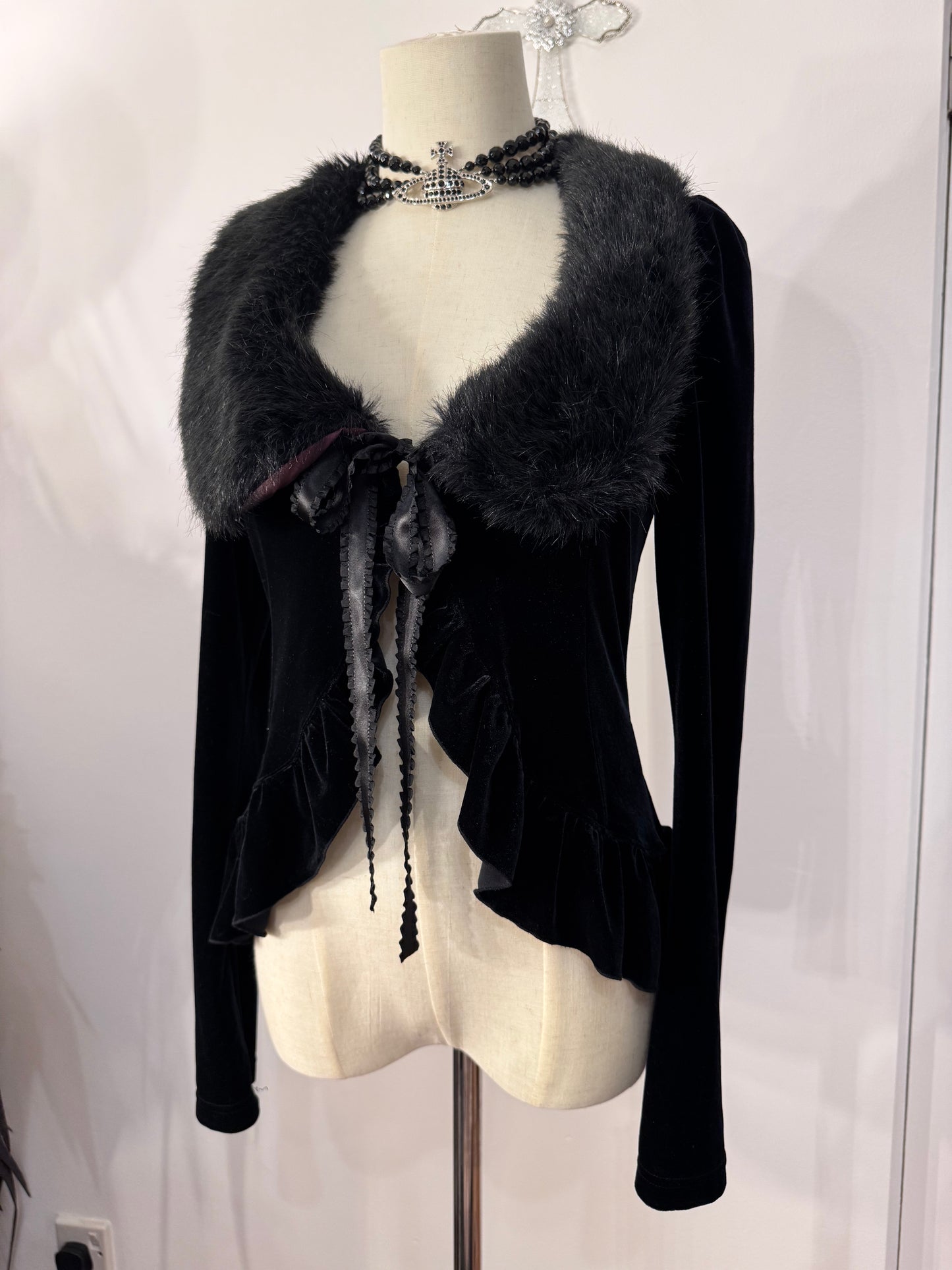 Black Peace Now Fur Collar Velvet Top