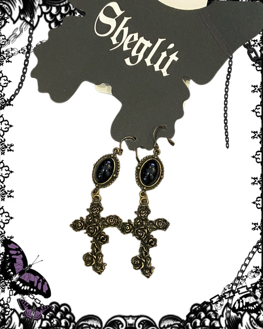 Sheglit Rose Cross Earrings