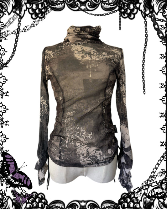 Qutie Frash Dragon Print Mesh High-Neck Top