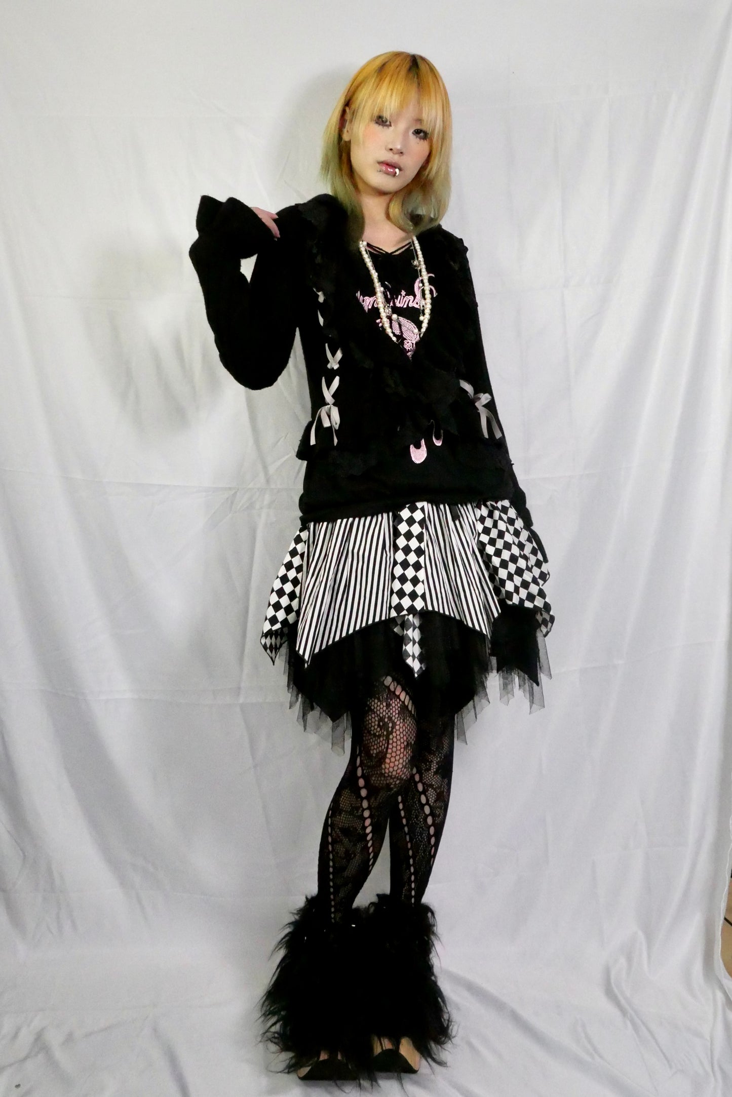 Algonquins Checkboard Stripe Mesh Multi-Layer Skirt