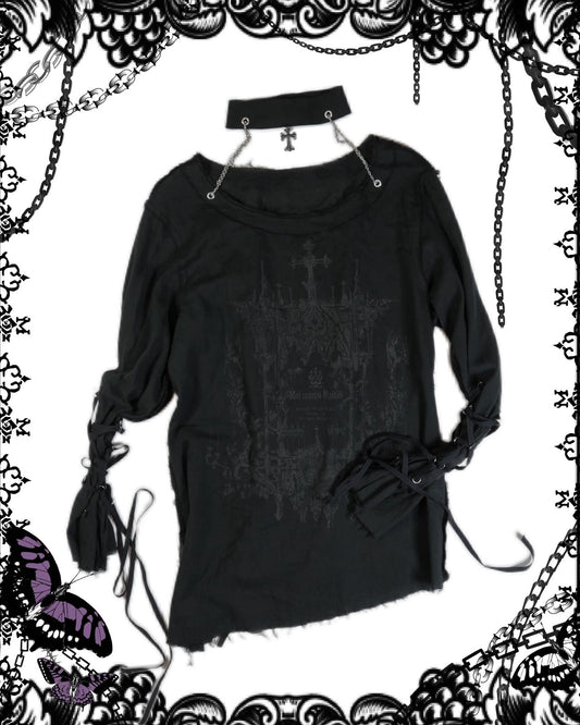 Moi-meme-Moitie Cross Print Bondage Top with Choker