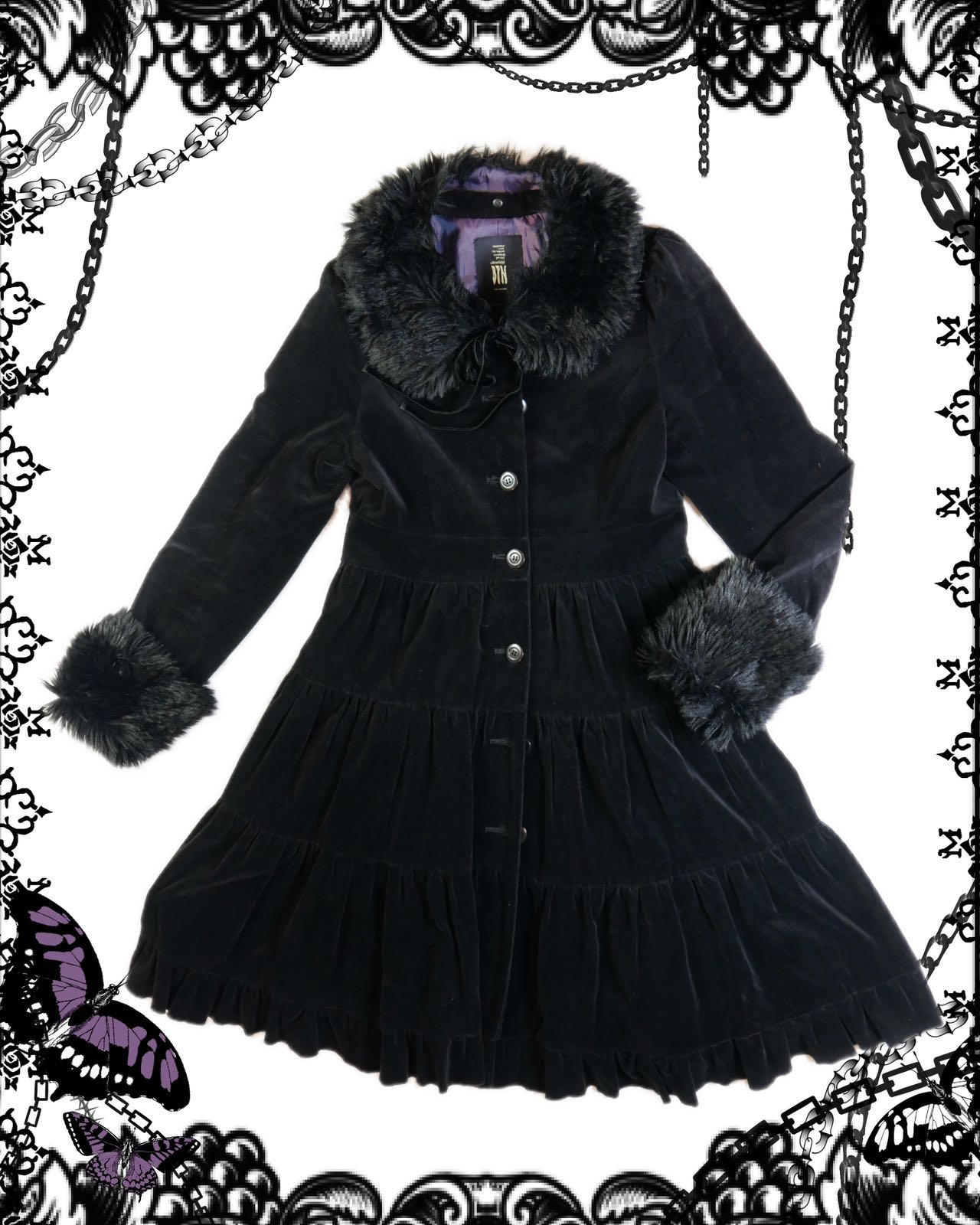 Black Peace Now Fur Collar Velvet Dress Coat