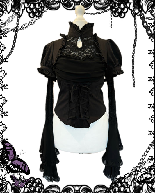 Black Peace Now Qipao-Collar Hime-Sleeves Lace-Up Top