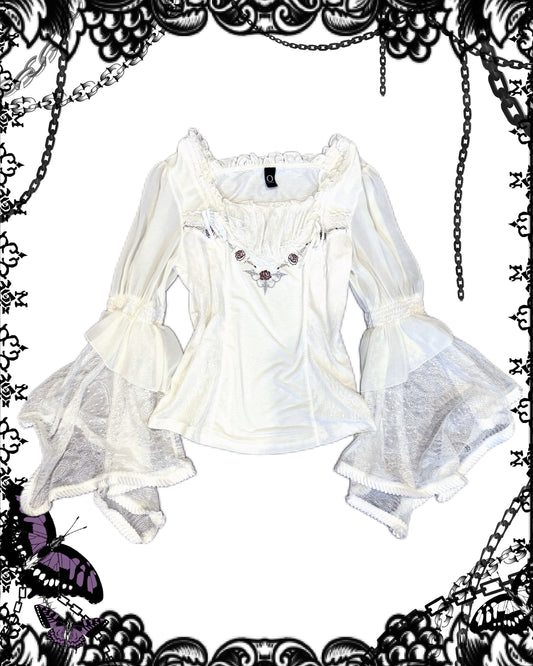 OZZ ON Hime-Sleeves Floral Print Mesh Top